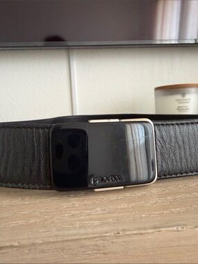Prada Black Vintage Leather Waist Belt with Resin Black Buckle, 30/75